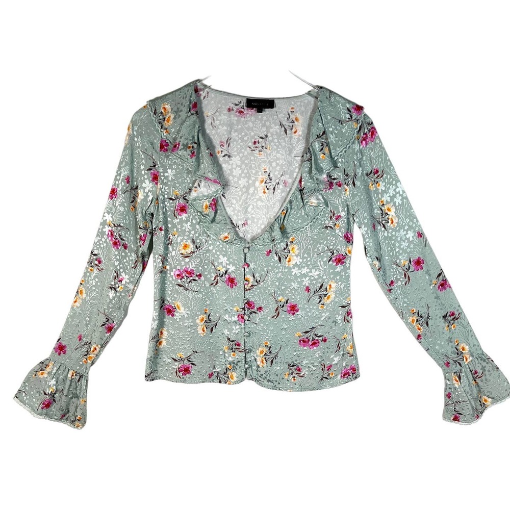 Majorelle Women's Revolve Fleur Top XS Green Floral V-neck Ruffle Button Up - Picture 2 of 9